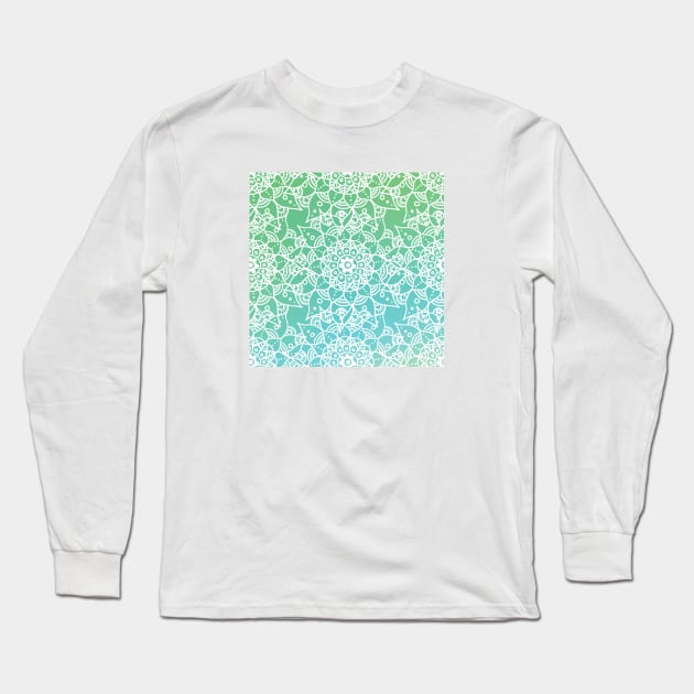 White Mandala Pattern - Teal Green Ombre Floral Long Sleeve T-Shirt by MysticMagpie